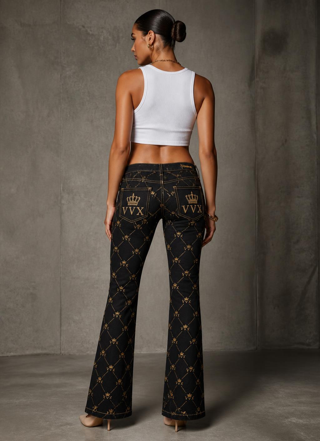 VVXHQ women's Crown Star Low-Rise Bootcut Jean in Onyx Black — Low-rise bootcut denim with gold crown-star lattice, back view