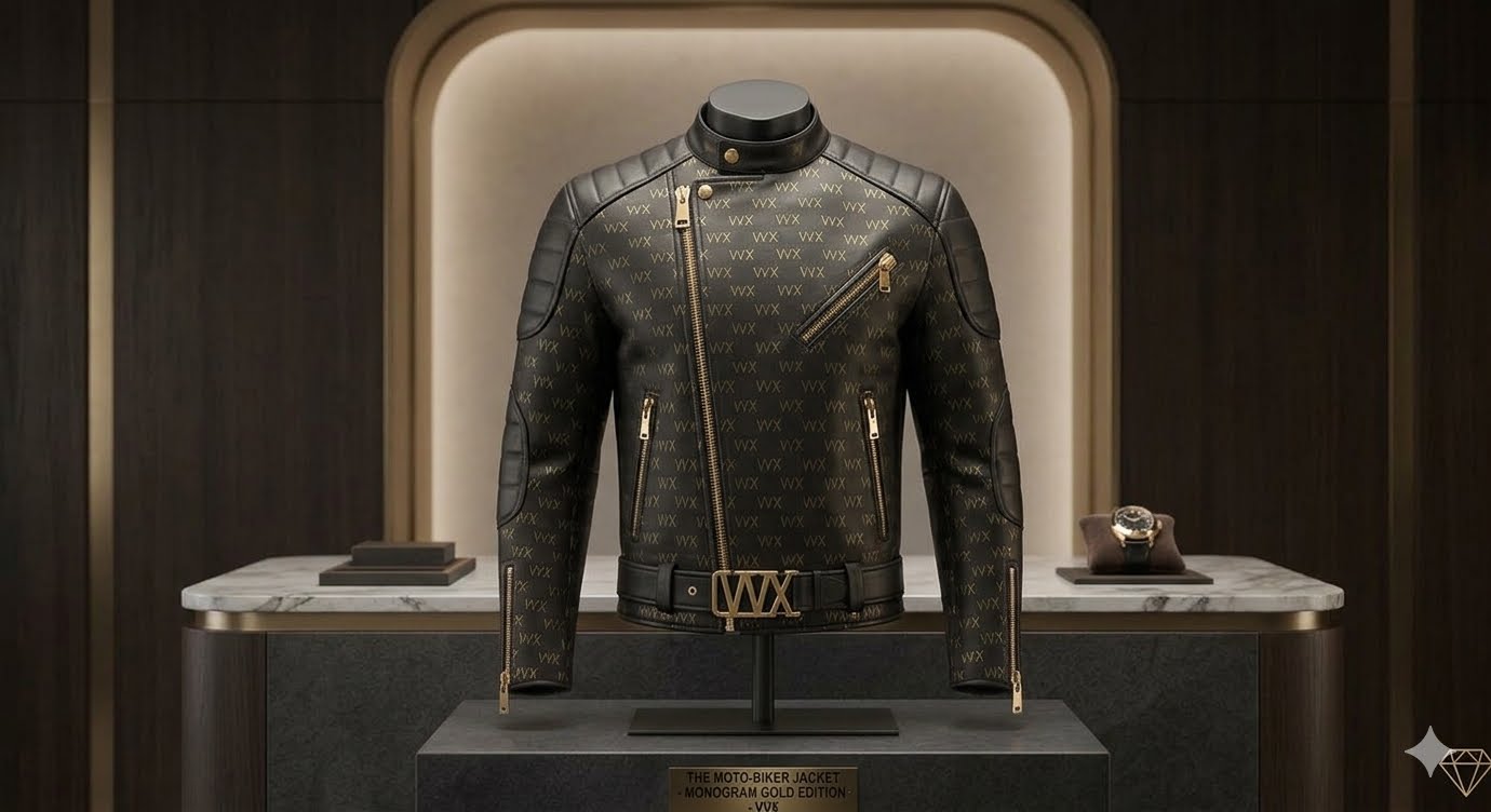 VVXHQ men's Moto-Biker Jacket — Monogram Gold Edition in Onyx Black, Padded leather biker with tonal gold monogram