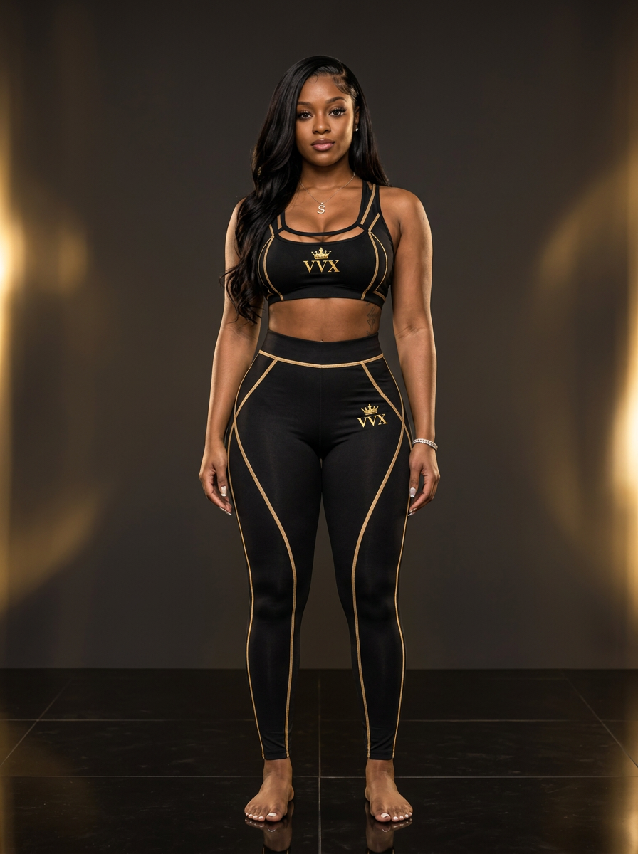 VVXHQ women's VVX Motion Two-Piece Set in Onyx Black, Women's gold-contour sports bra & high-waist leggings