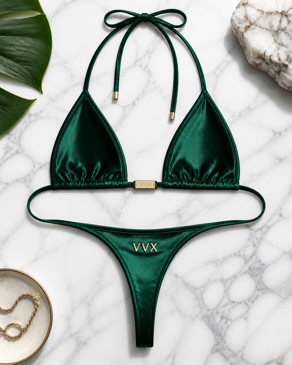 VVXHQ women's Emerald Icon Bikini Set in Emerald Green — Satin string triangle bikini with gold VVX ring and lettering, back view