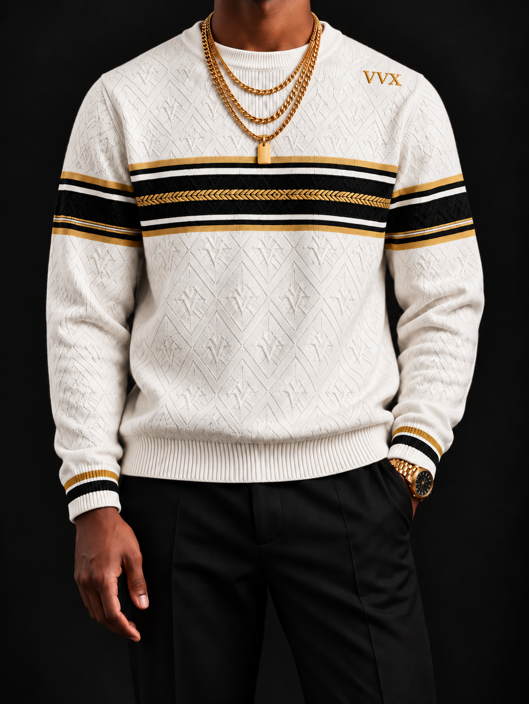 VVXHQ men's VVX Gold Stripe Laurel Knit in Onyx Black, Black and gold never asks twice.