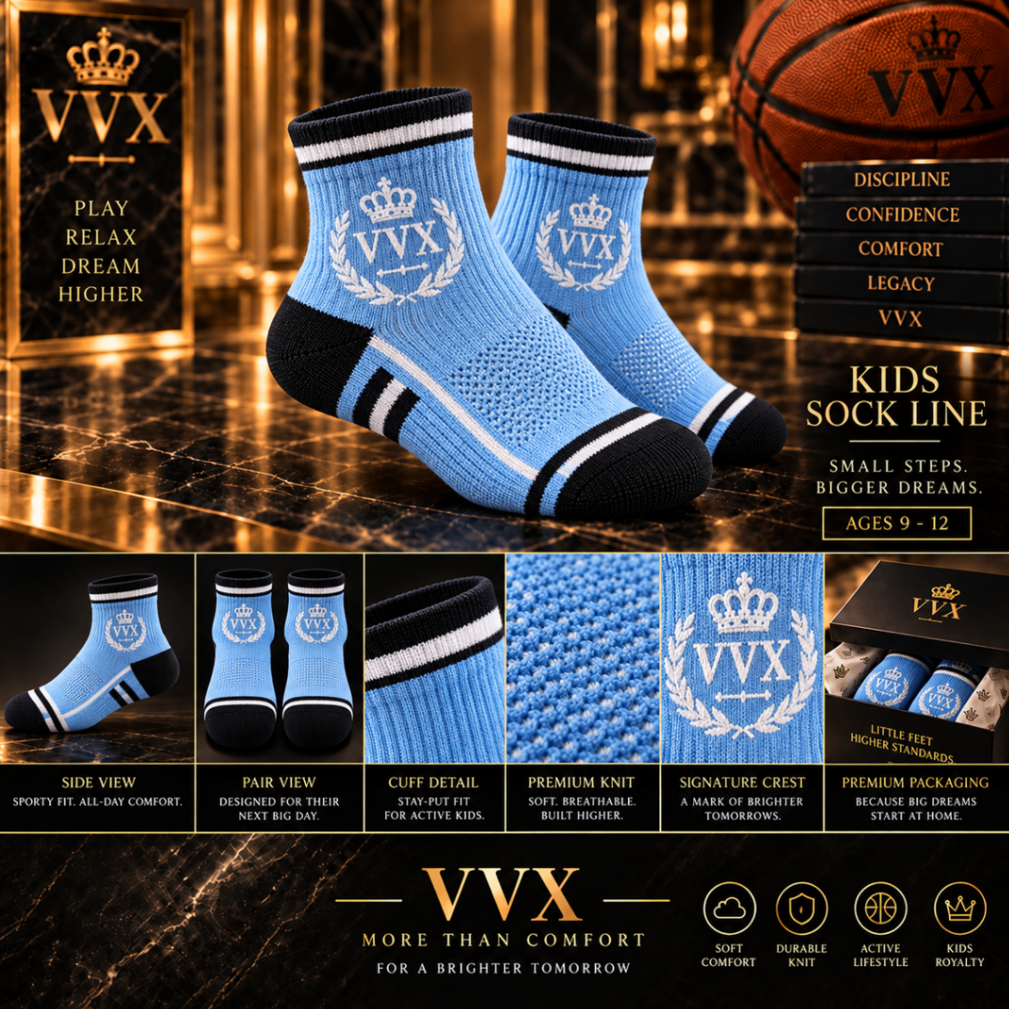 VVXHQ kids' VVX Kids Sky Blue Crest Sock in Onyx Black — Sky Blue & Black, sold as a single pair.