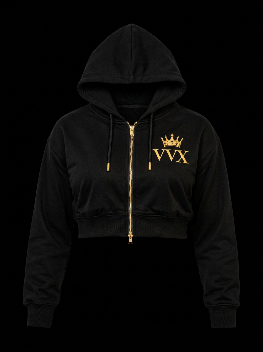 VVXHQ women's Iconic Cropped Zip Hoodie in Onyx Black, Women's black cropped hoodie with gold crown VVX