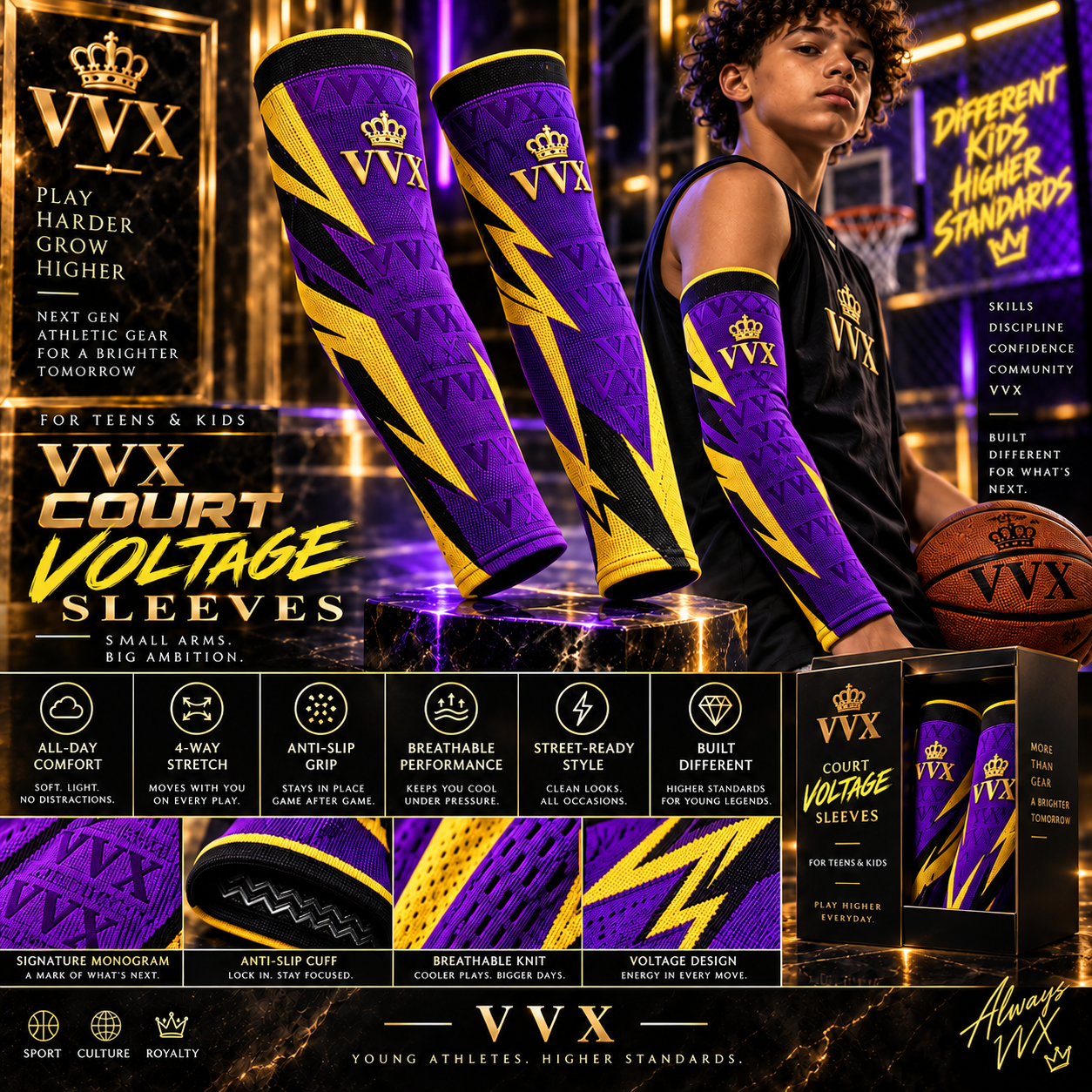 VVXHQ kids' VVX Purple Voltage Sleeves in Onyx Black — Purple, Gold & Black, sold as a pair.