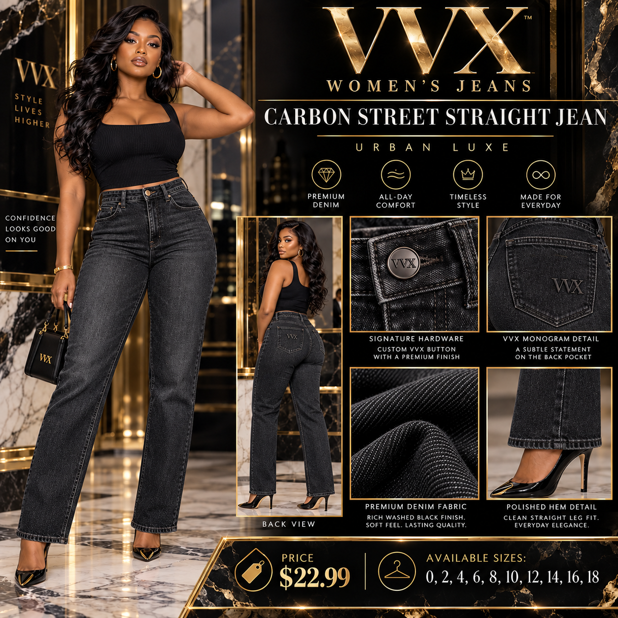 VVXHQ women's Carbon Street Straight Jean in Onyx Black, Washed black denim with a clean straight leg