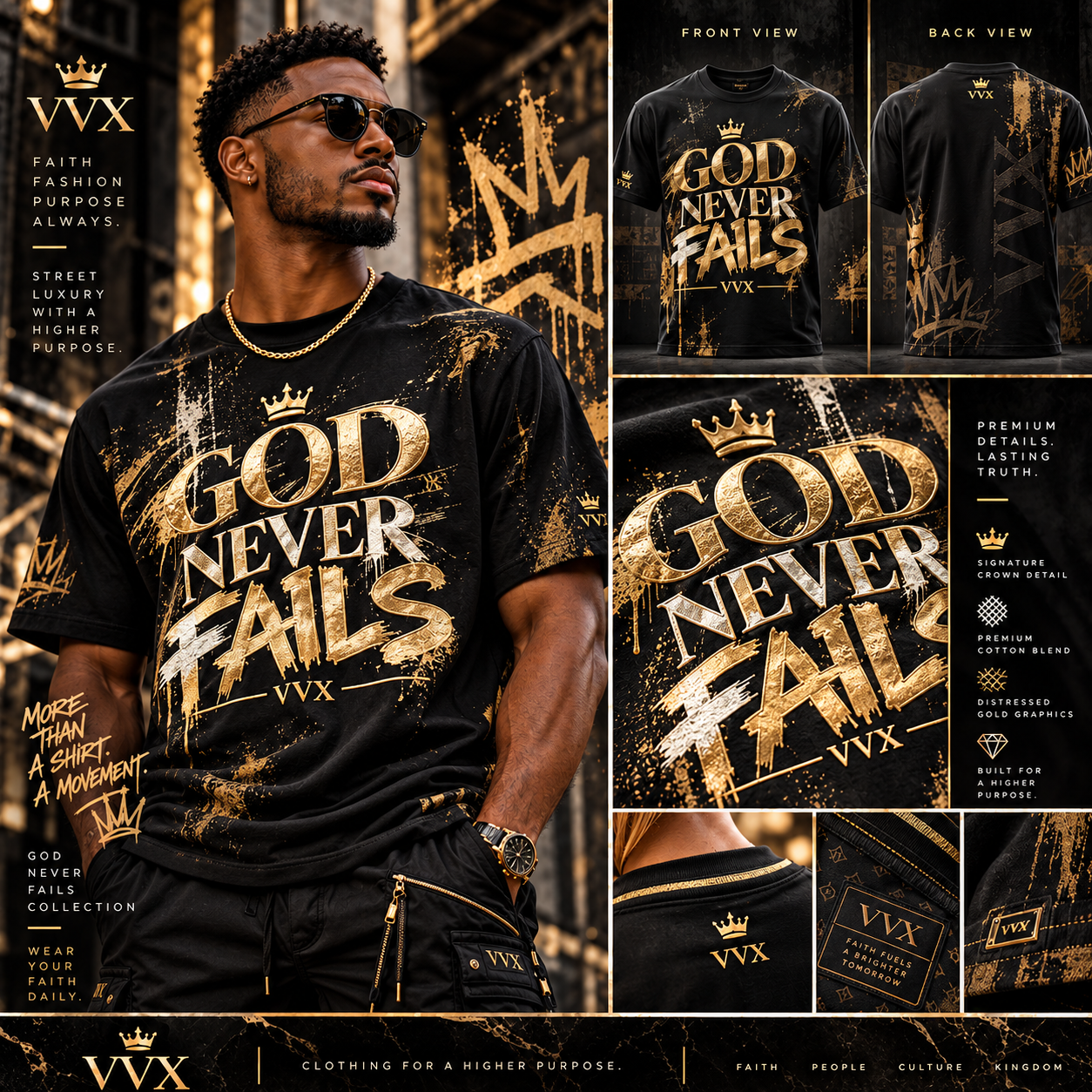 VVXHQ men's VVX God Never Fails Tee — Black & Gold in Black & Gold, Black faith statement tee with distressed metallic gold graphics