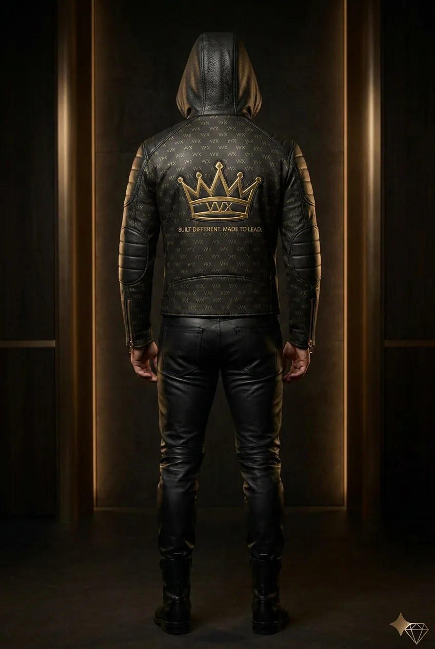 VVXHQ men's Hooded Leather Moto — Monogram Gold Edition in Onyx Black — Belt-free monogram leather biker with attached leather hood, back view