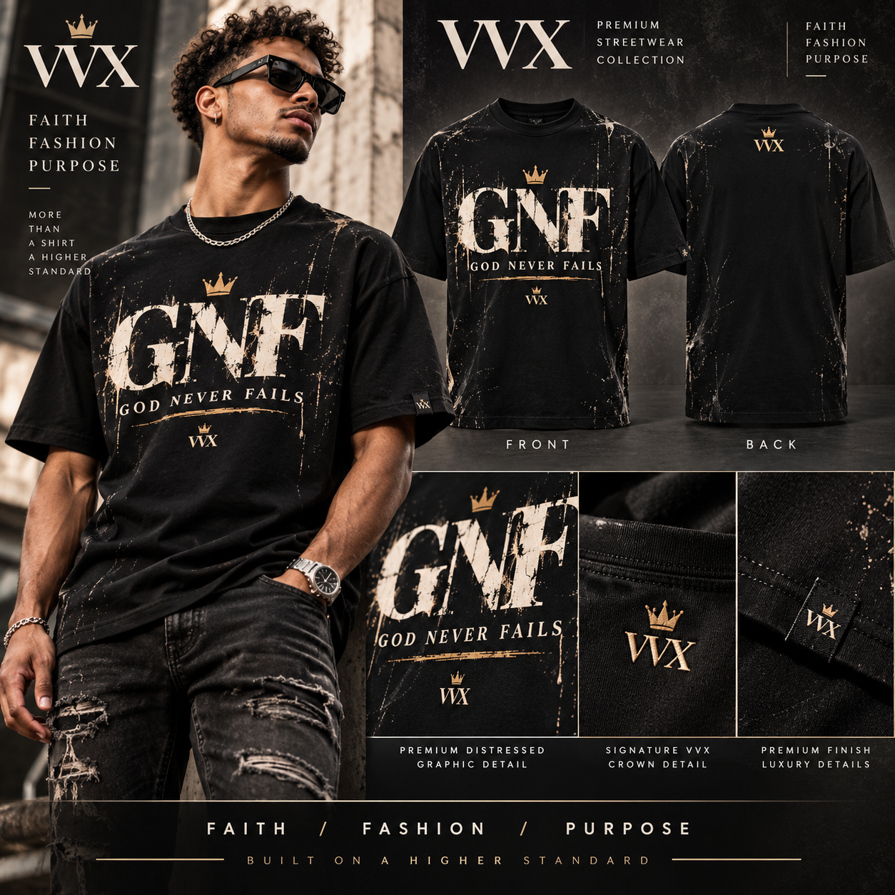 VVXHQ men's VVX Distressed GNF Tee in Black, Distressed crown-and-splatter graphic in six colors