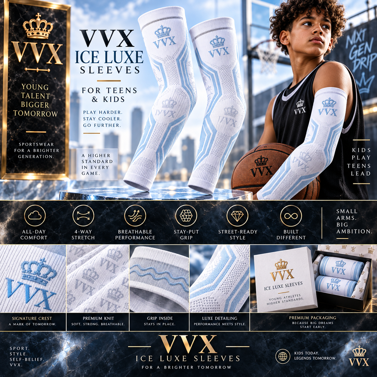 VVXHQ kids' VVX Ice Luxe Sleeves in Onyx Black — White & Ice Blue, sold as a pair.