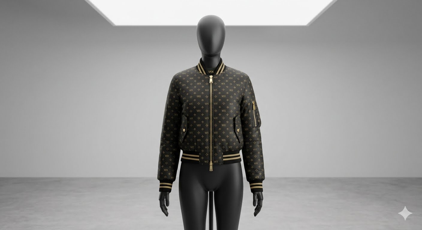 VVXHQ women's Monogram Varsity Bomber in Onyx Black, Gold-striped rib bomber in monogram jacquard