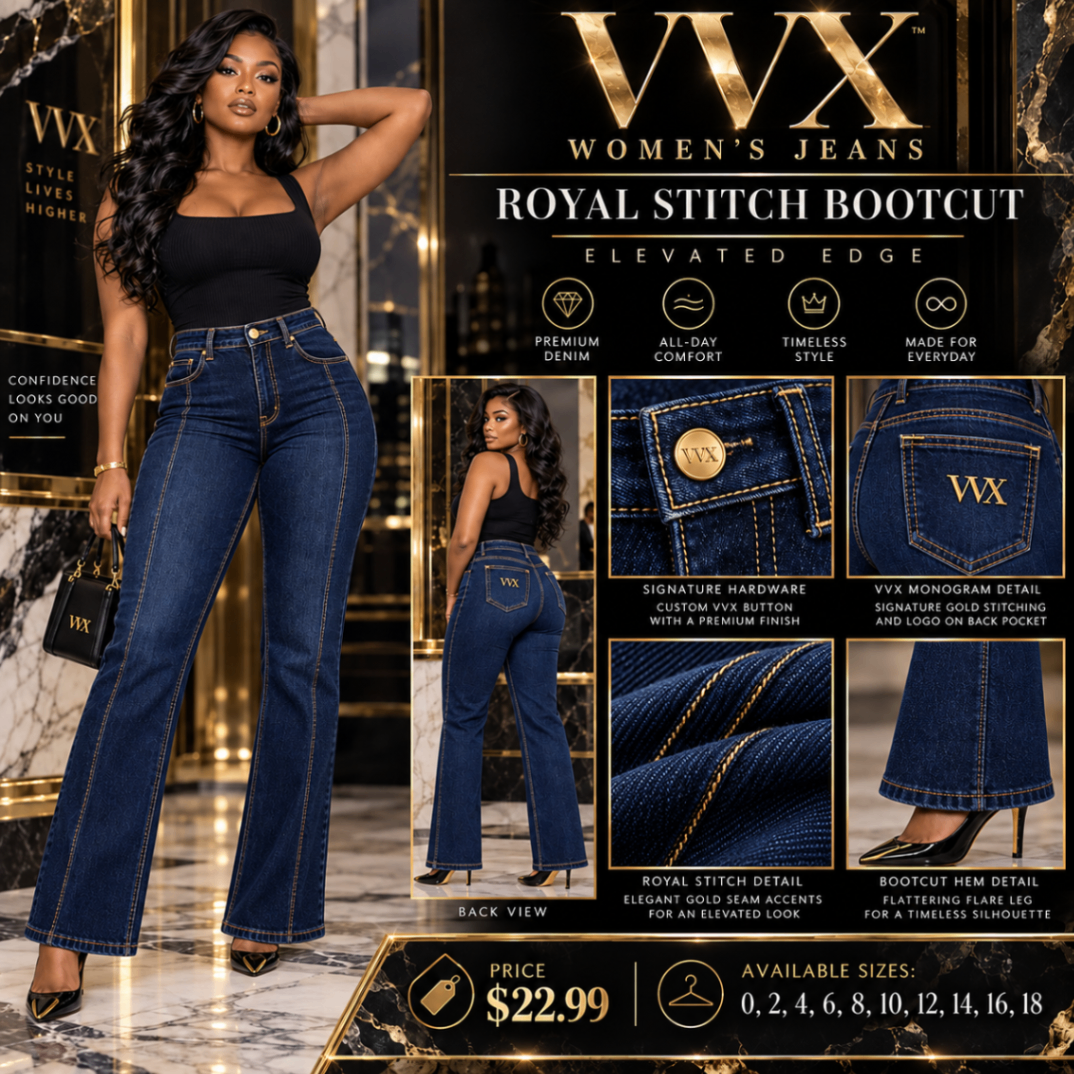 VVXHQ women's Royal Stitch Bootcut Jean in Onyx Black, Indigo denim shaped with signature royal stitching