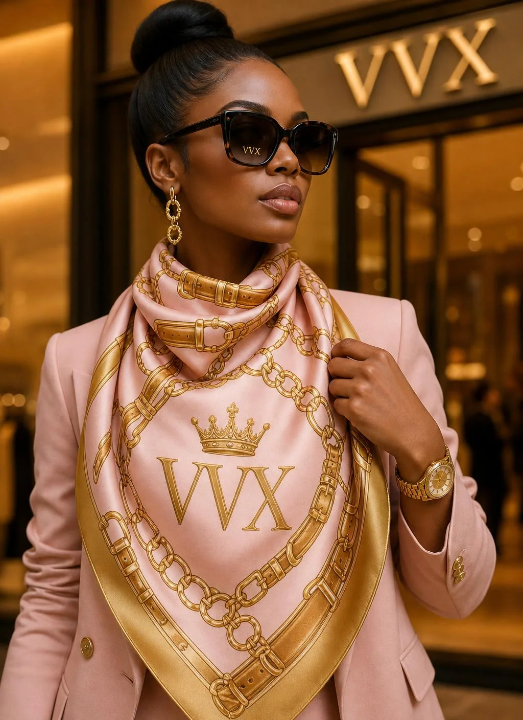 VVXHQ women's Chain Crown Silk Scarf in Queen Pink, Gold chain-link silk with the crowned VVX monogram