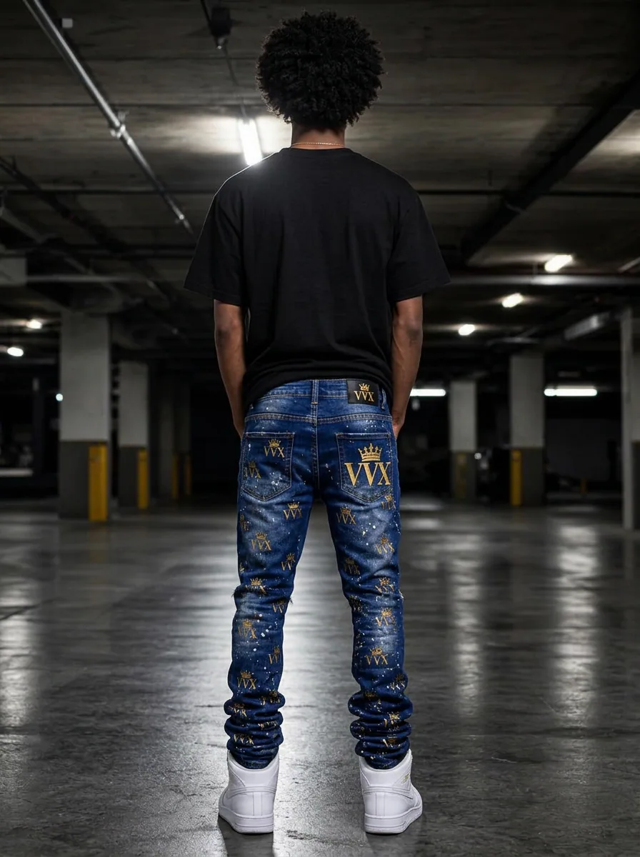 VVXHQ men's VVX Crown Monogram Stacked Jean in Indigo Blue — Stacked skinny denim in an all-over gold VVX crown monogram, back view