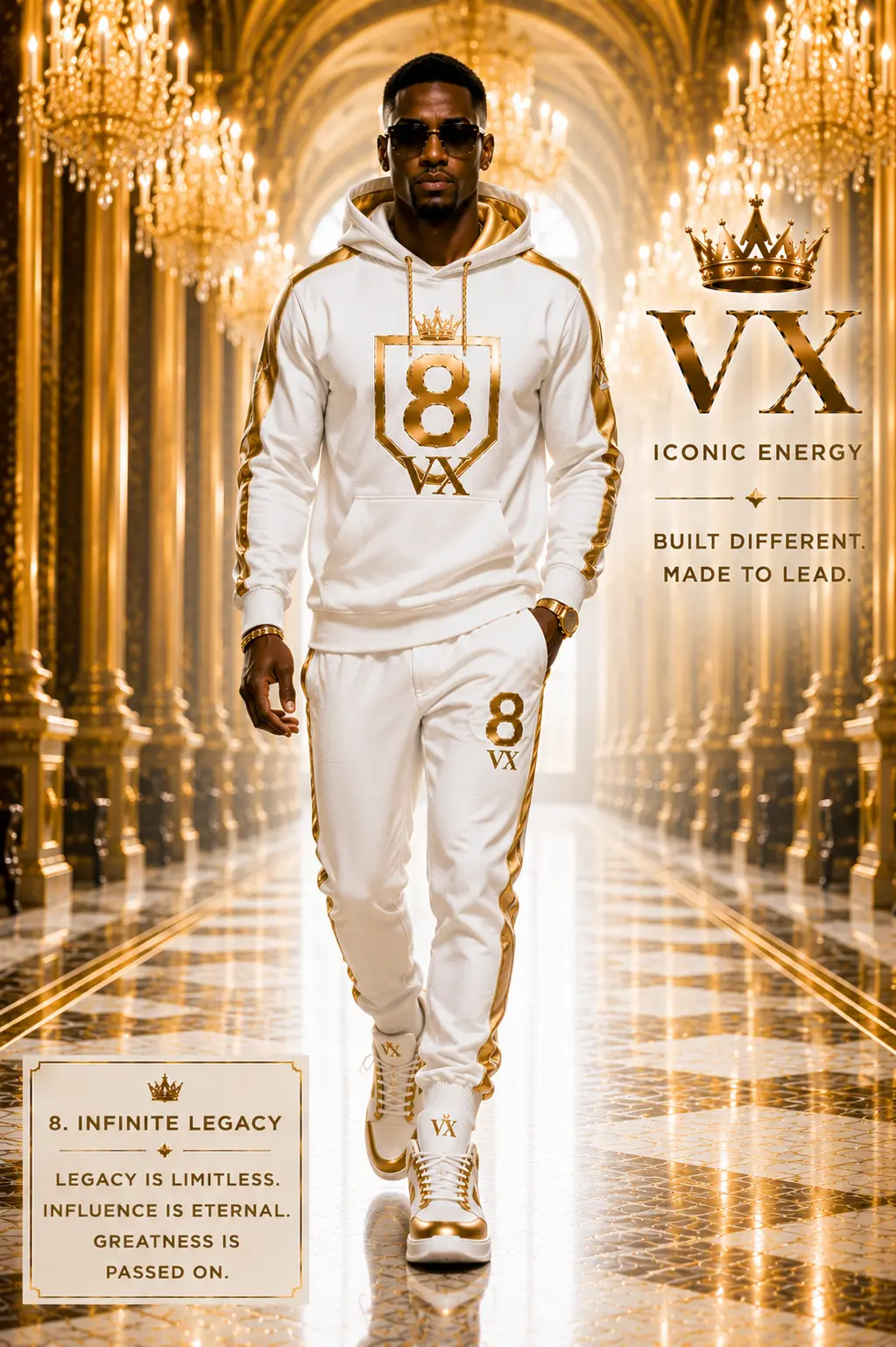 Infinite Legacy Hoodie Set — Optic white hoodie & gold-crest jogger