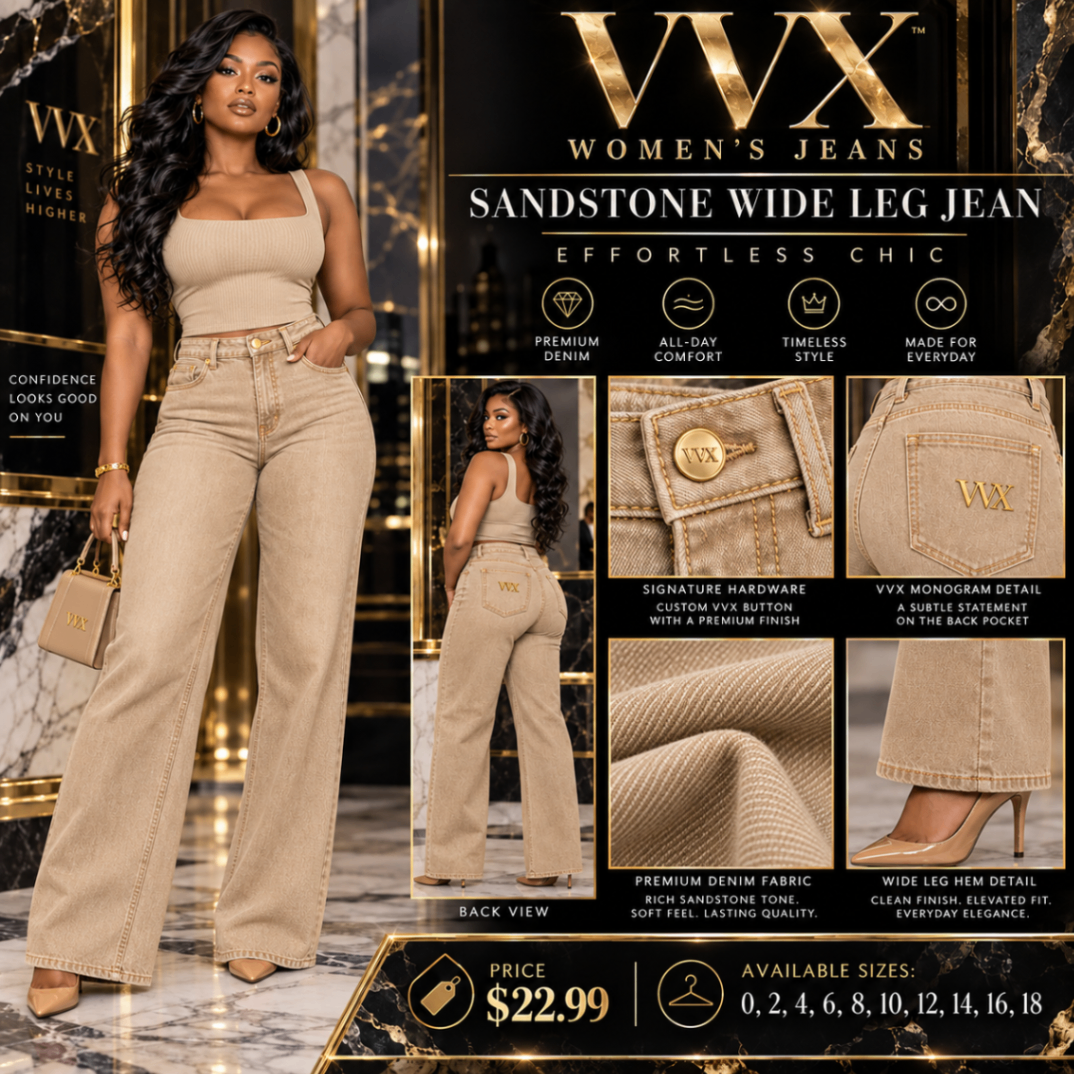 VVXHQ women's Sandstone Wide Leg Jean in Onyx Black, Sand-toned denim with a fluid wide-leg cut