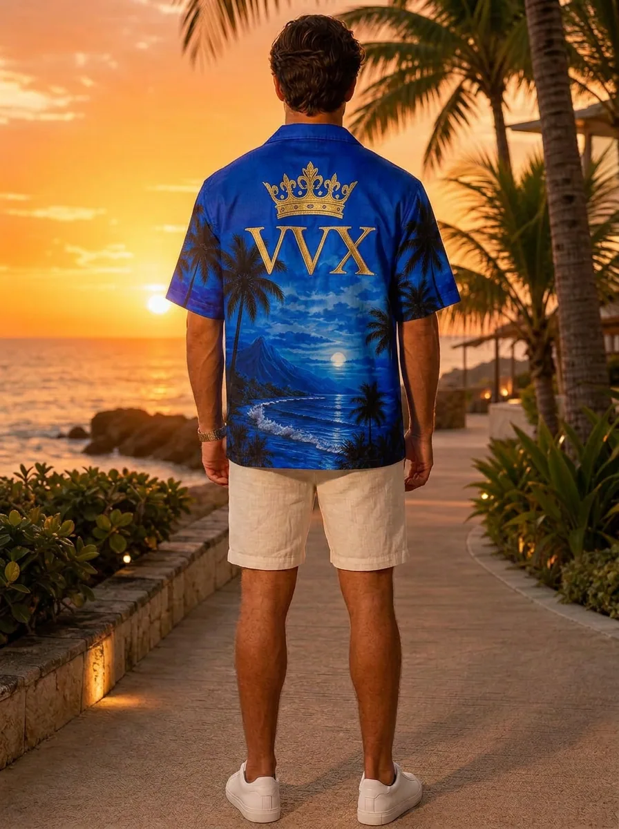 VVXHQ men's Crown Tropical Camp Shirt in Blue — Oversized camp-collar Hawaiian with gold VVX crown embroidery, back view