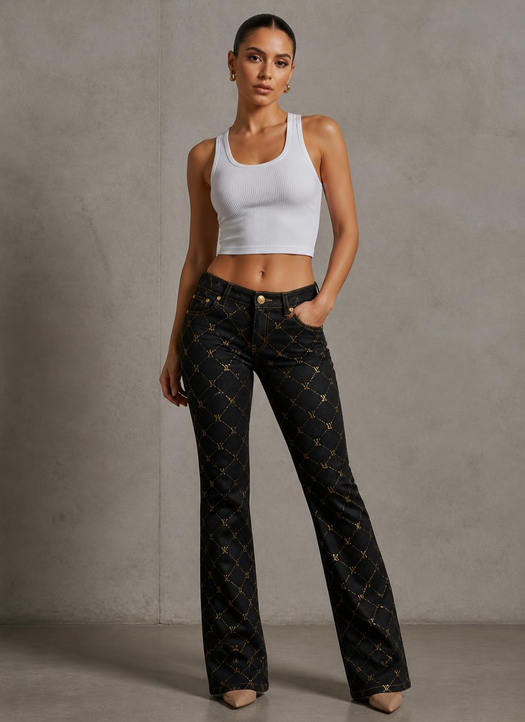VVXHQ women's Crown Star Low-Rise Bootcut Jean in Onyx Black, Low-rise bootcut denim with gold crown-star lattice