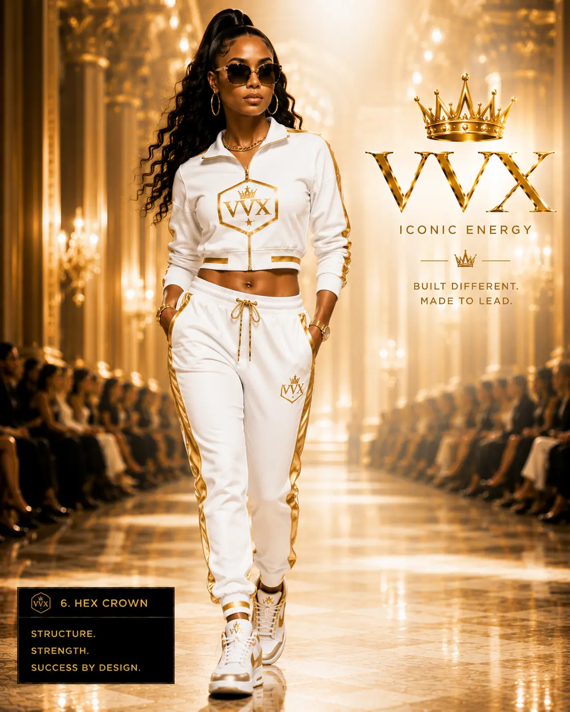 Hex Crown Set — Cropped zip track jacket & gold-stripe pant