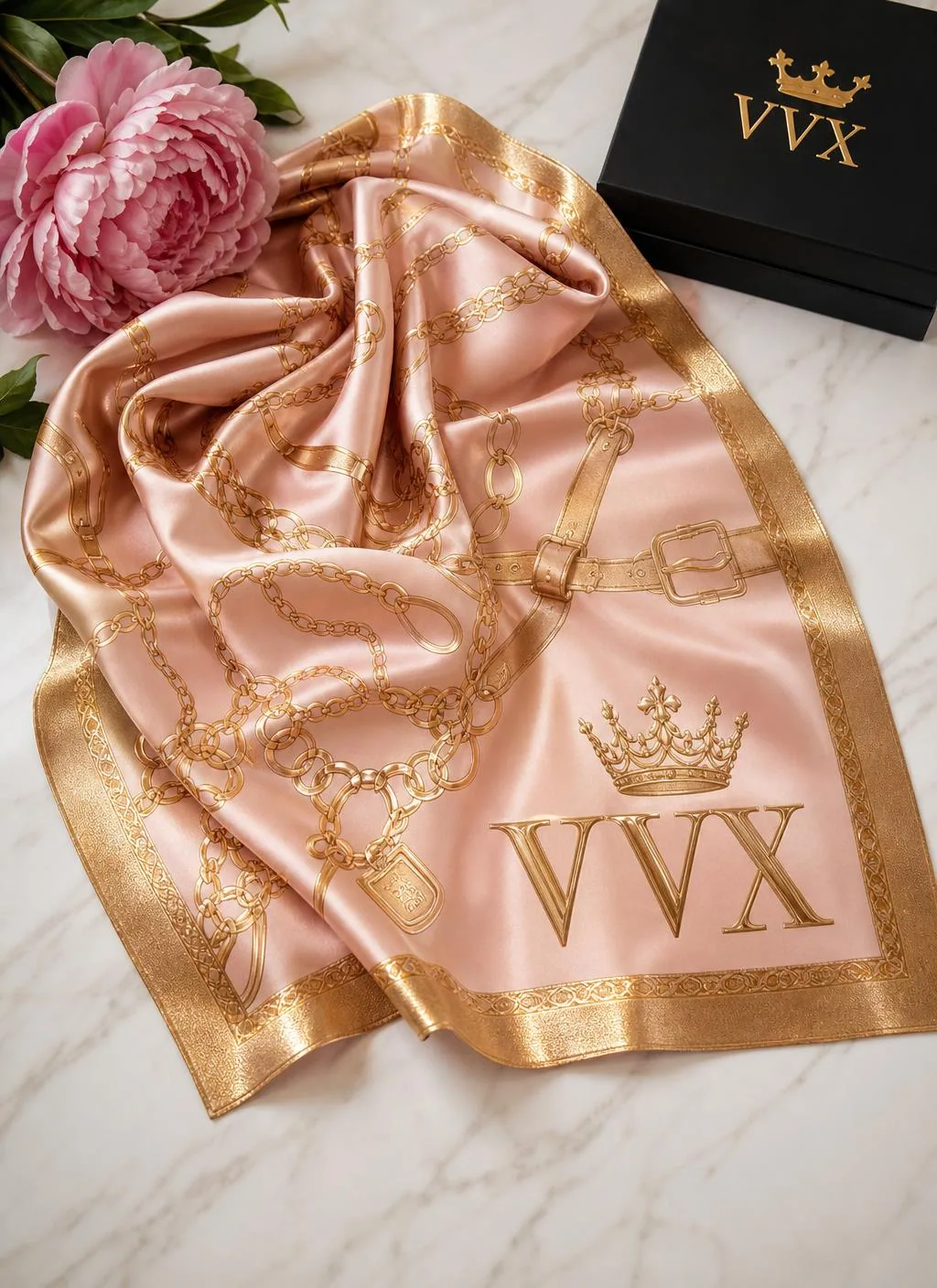 VVXHQ women's Chain Crown Silk Scarf in Queen Pink — Gold chain-link silk with the crowned VVX monogram, back view