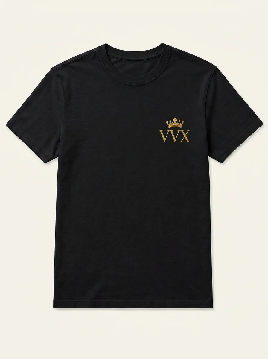 VVXHQ men's Crowned Monogram Tee in Gold & Black, Crowned VVX chest hit with a wide crowned monogram across the shoulders