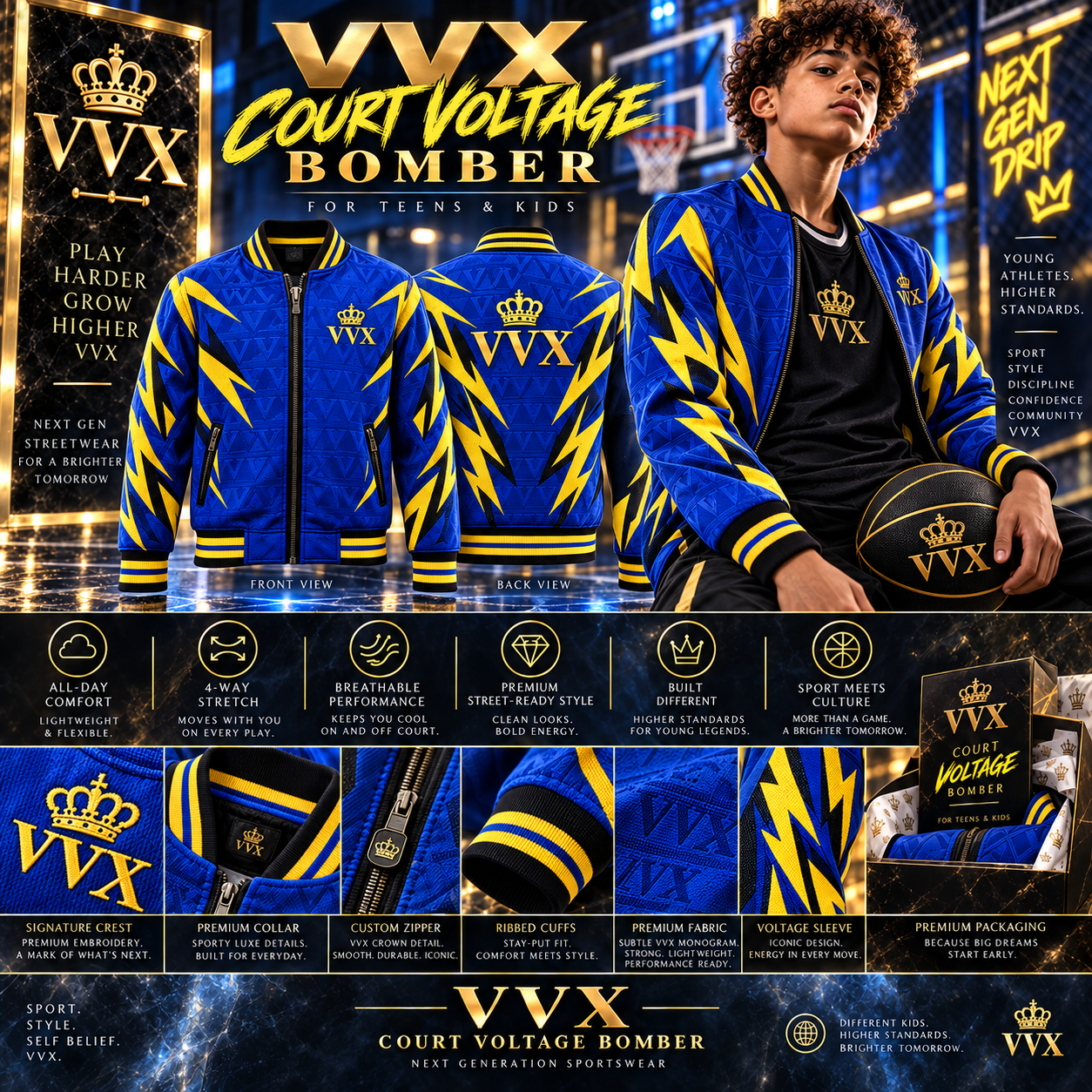 VVXHQ kids' VVX Court Voltage Bomber in Onyx Black, Royal Blue & Volt Yellow · For teens & kids