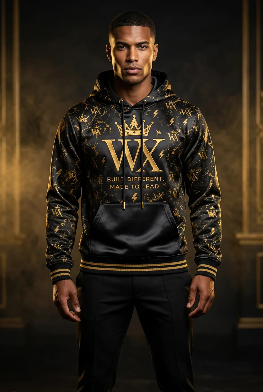 VVXHQ men's Monogram Gold Hoodie — Iconic Energy in Onyx Black, All-over gold monogram pullover hoodie
