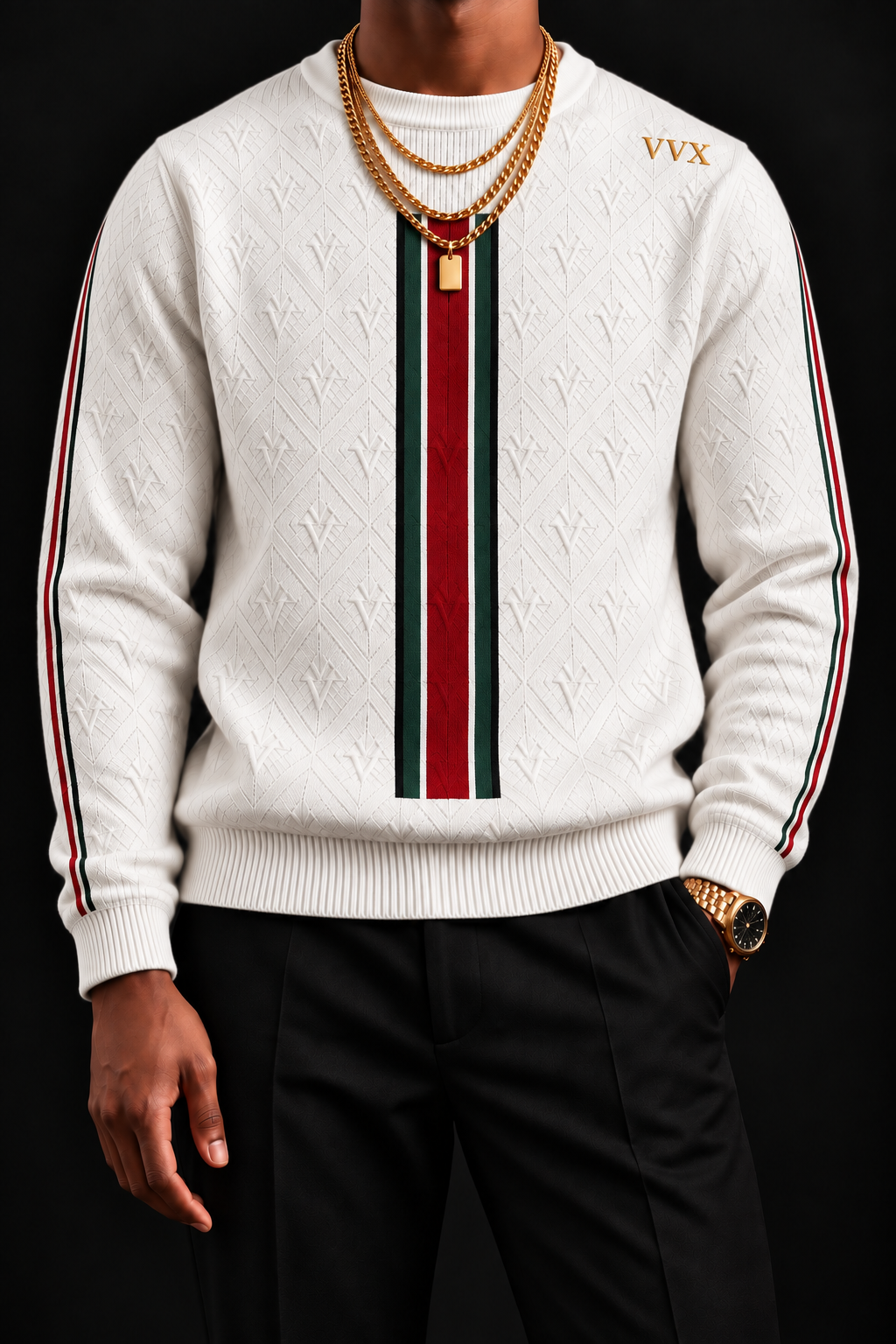 VVXHQ men's VVX Heritage Stripe Knit in Onyx Black, Green and red down the centre line.