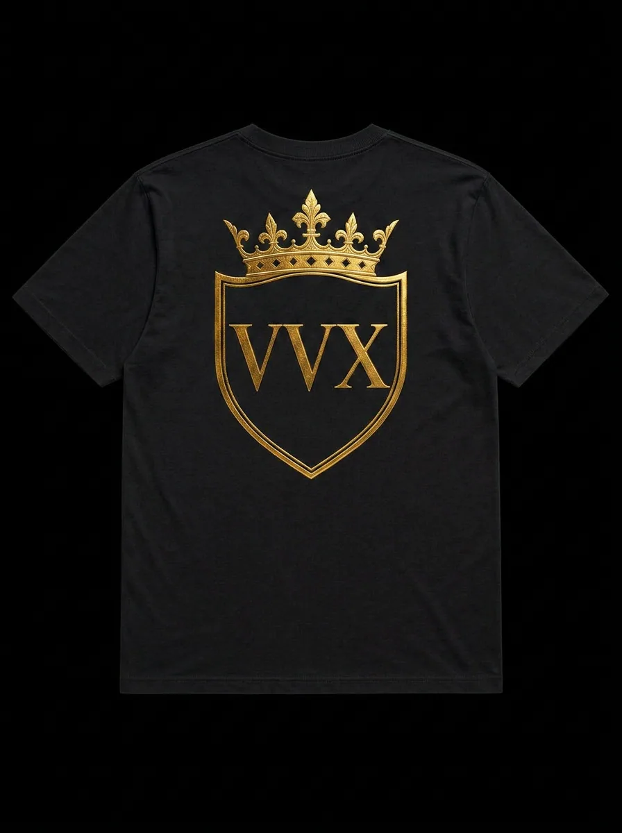 VVXHQ men's Shield Crest Tee in Gold & Black — Gold shield-crest VVX badge at the chest with a wide back emblem, back view