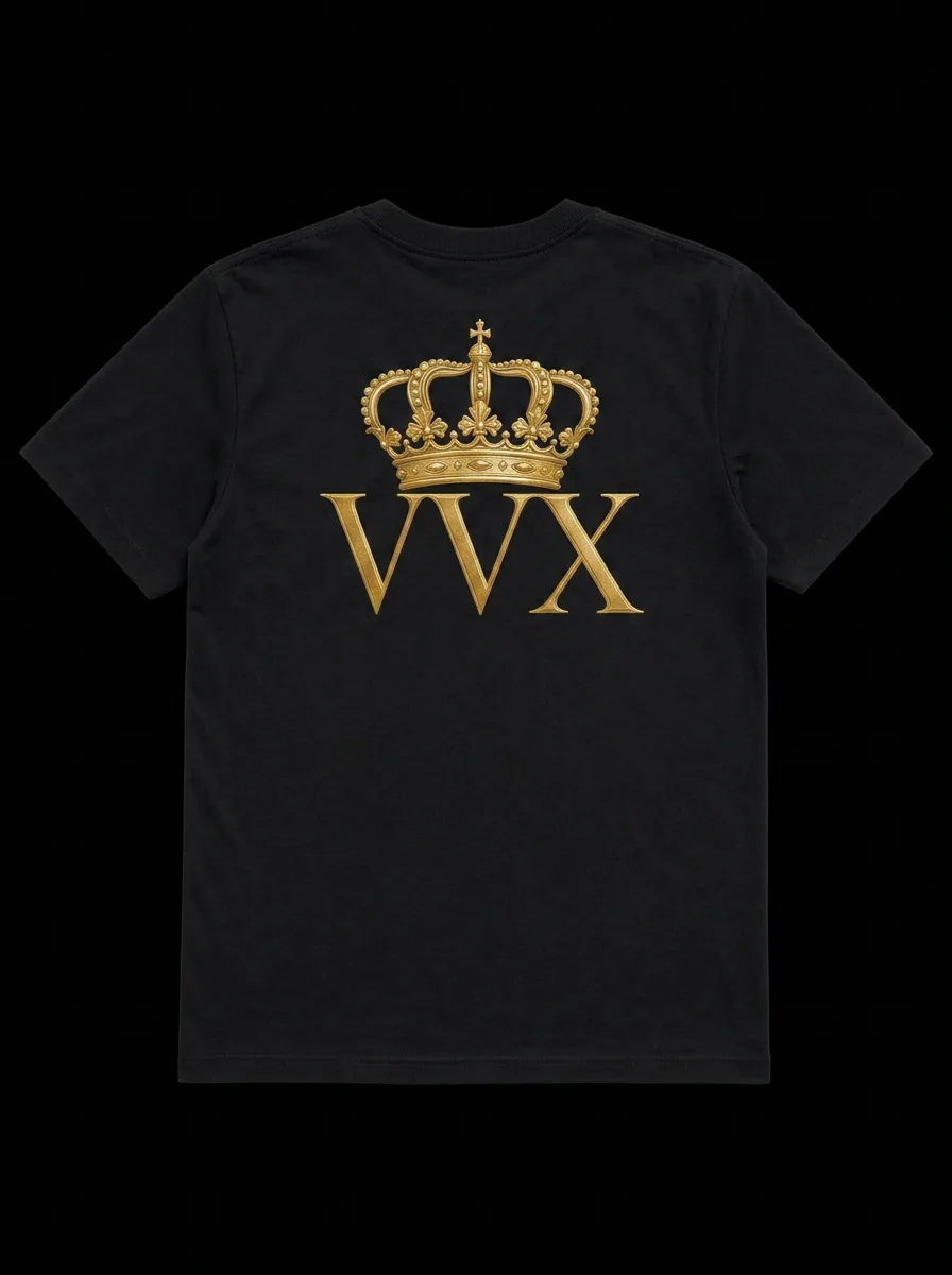 VVXHQ men's Crowned Monogram Tee in Gold & Black — Crowned VVX chest hit with a wide crowned monogram across the shoulders, back view