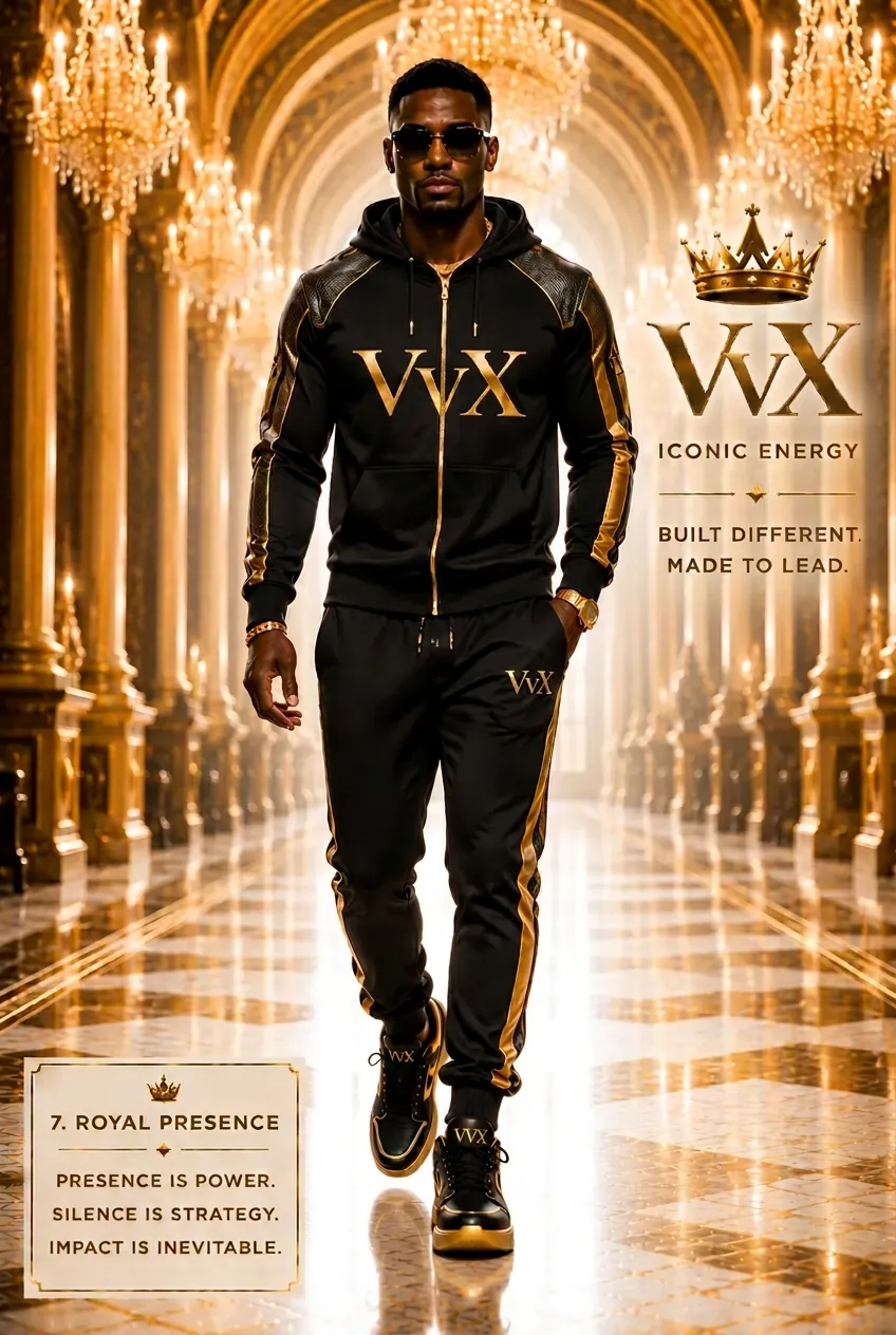 VVXHQ men's Royal Presence Track Set in Royal Plum, Black full-zip track jacket & jogger with gold VVX monogram