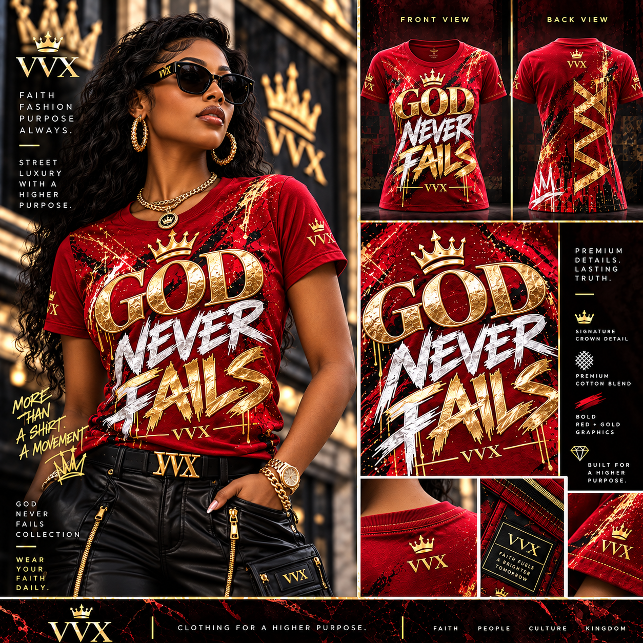 VVXHQ women's VVX Women's Royal Faith Tee in Red, Royal crowned statement art with a signature back graphic