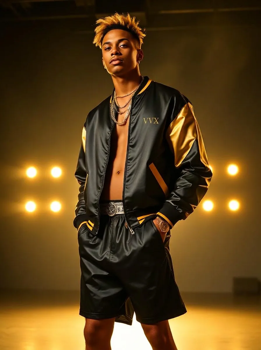 VVXHQ men's Satin Baseball Set in Azure Sky, Gold-sleeve satin jacket & short
