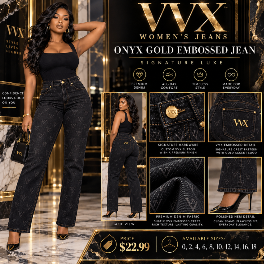 VVXHQ women's Onyx Gold Embossed Jean in Onyx Black, Black denim with signature gold detailing