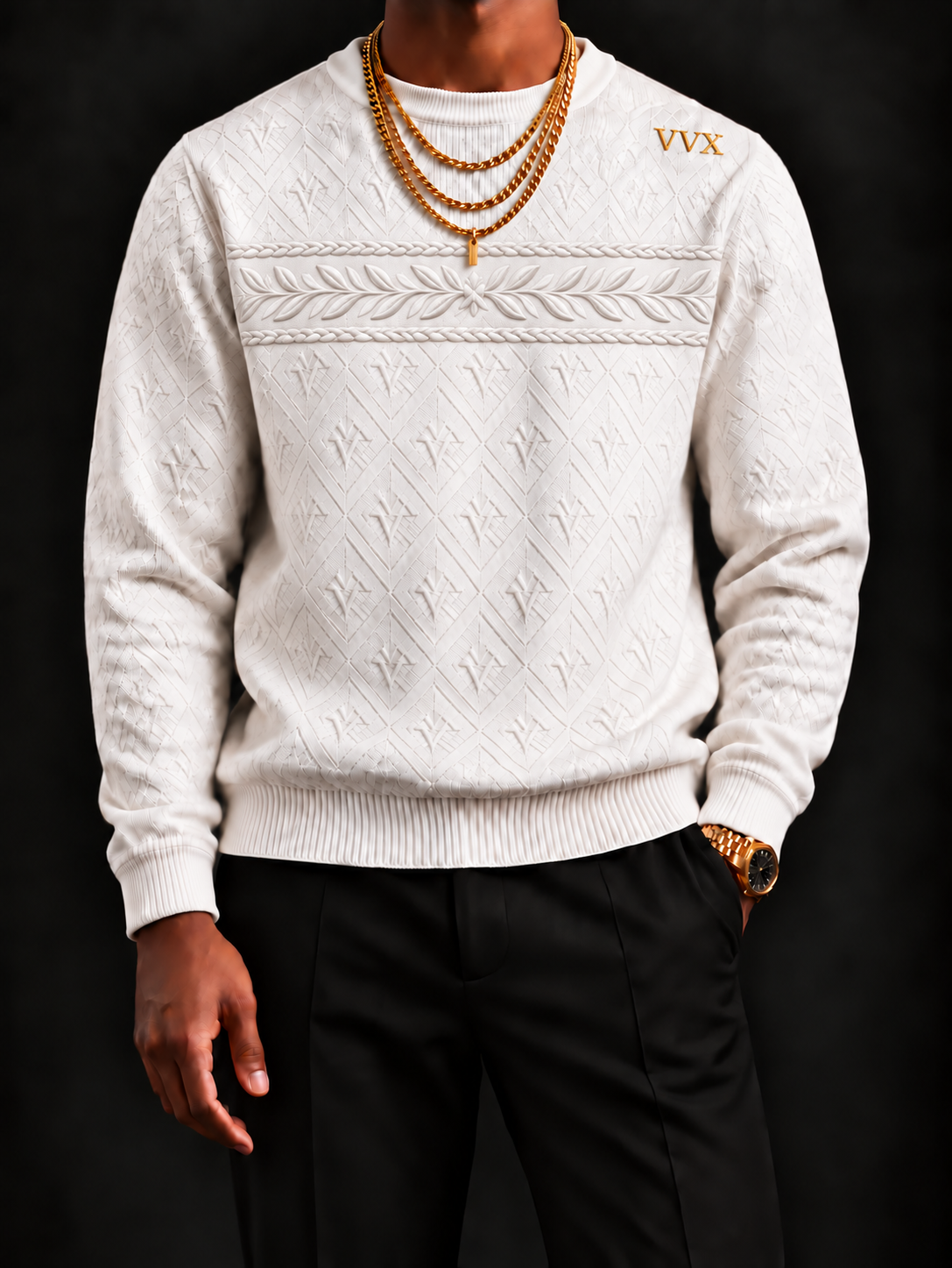 VVXHQ men's VVX Ivory Tonal Laurel Knit in Onyx Black, All white. All presence.