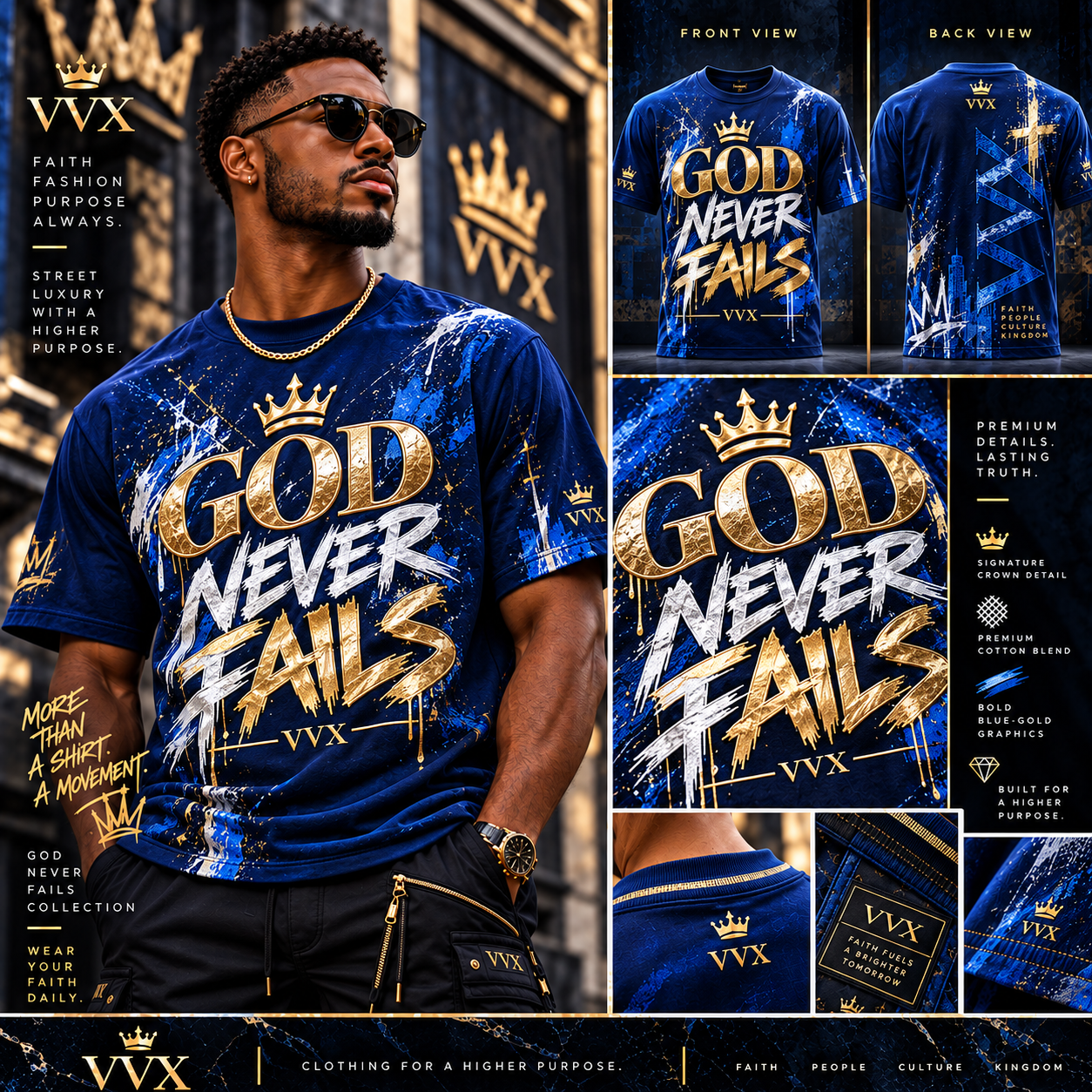 VVXHQ men's VVX God Never Fails Tee — Blue in Royal Blue & Gold, Royal blue faith statement tee with metallic gold and white graphics