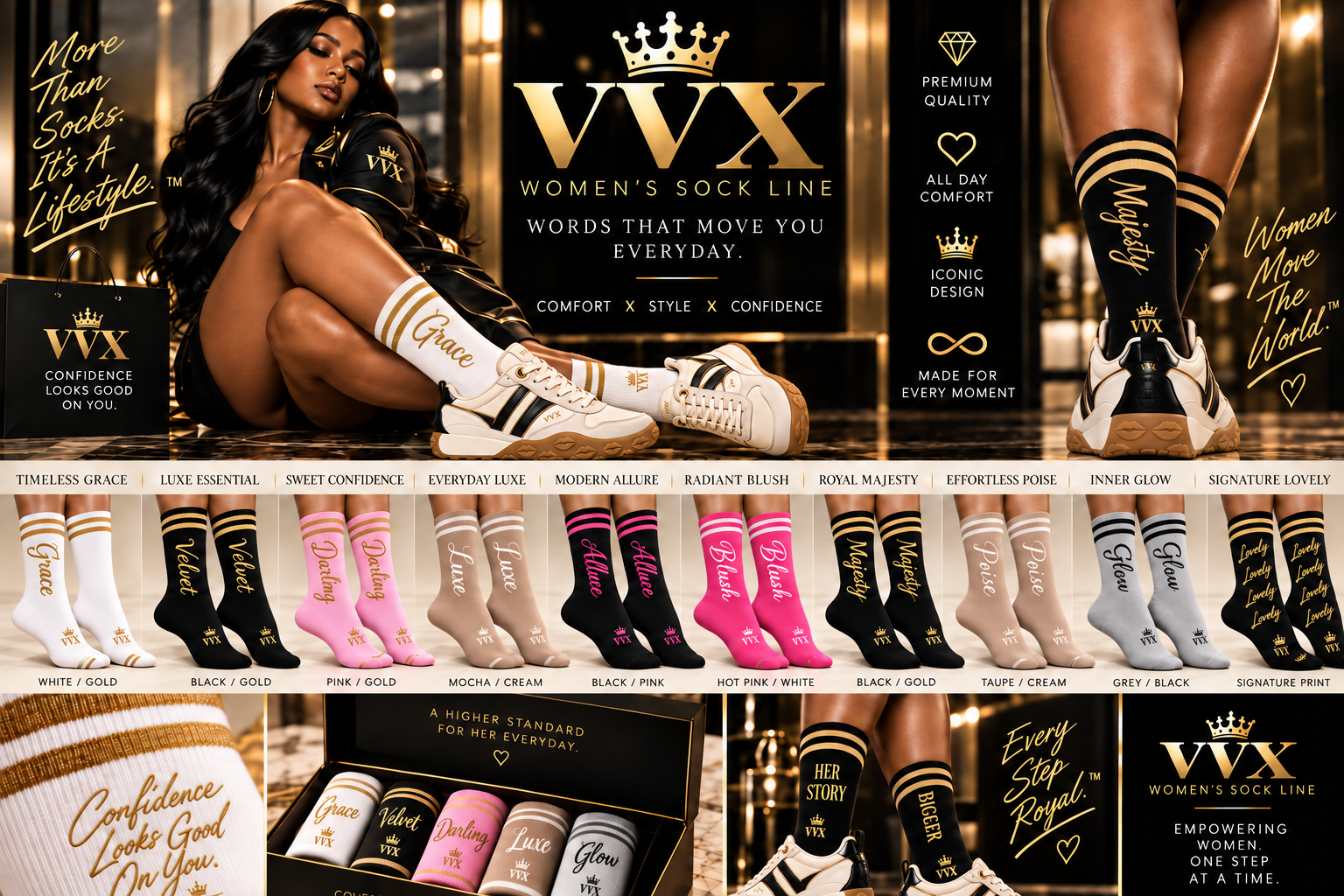 VVXHQ VVX Women's Sock Line in Onyx Black, Words that move you everyday.