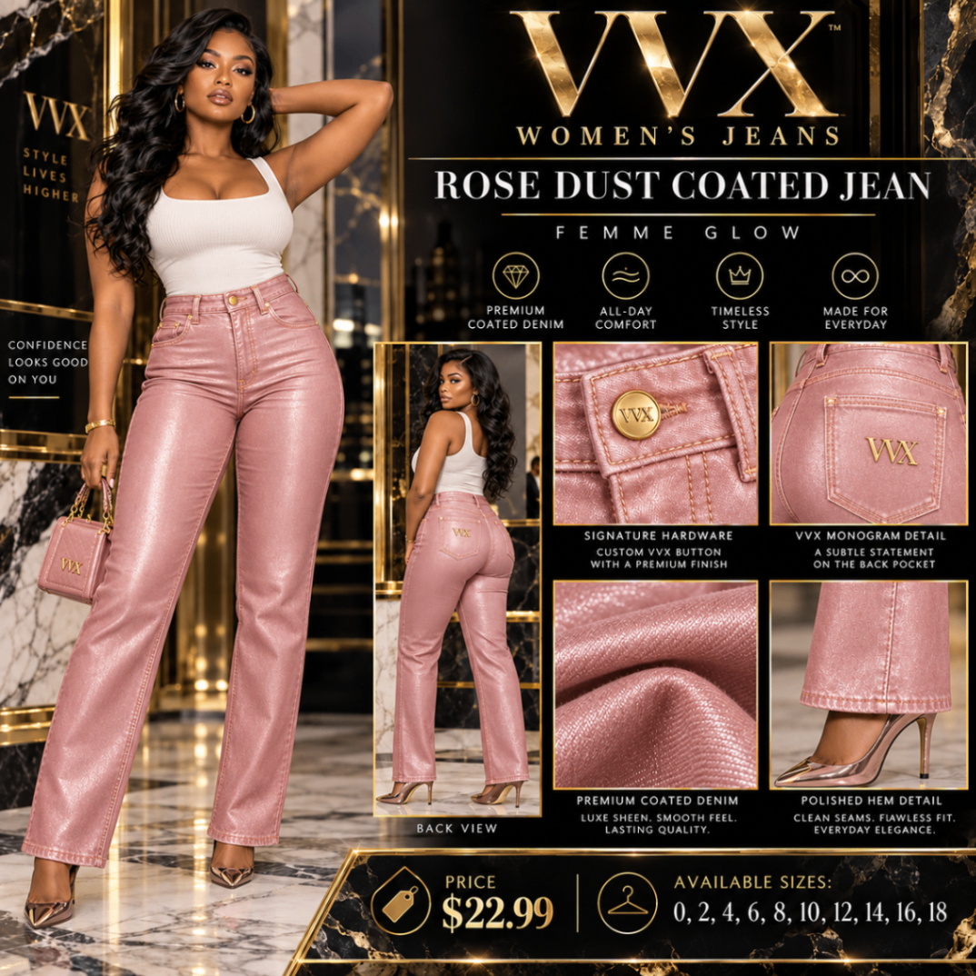 VVXHQ women's Rose Dust Coated Jean in Onyx Black, Rose-pink denim with a polished coated finish