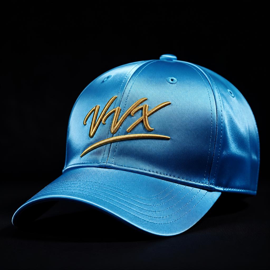 VVXHQ Azure Satin Baseball Cap in Azure Sky, Gold script with underline
