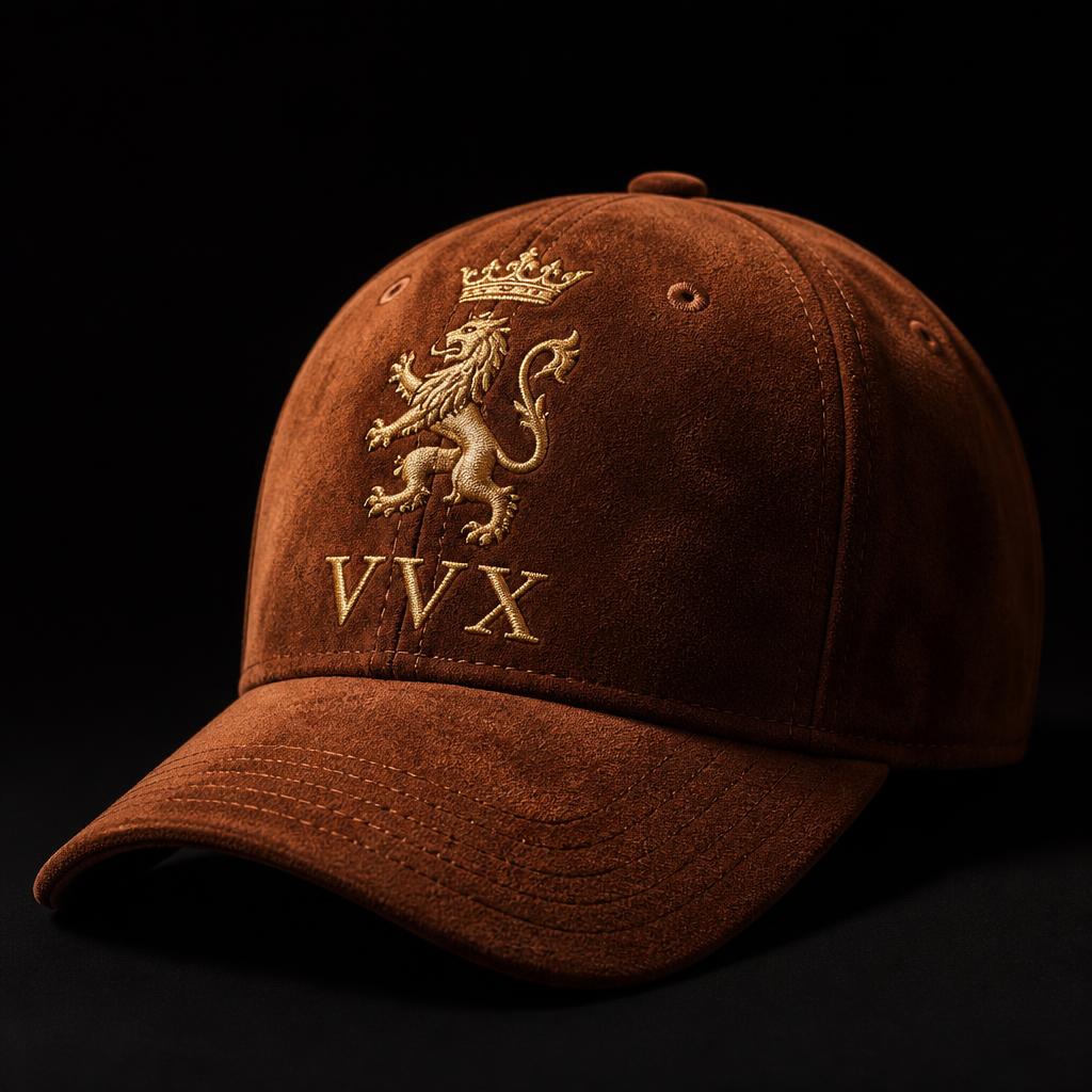 VVXHQ Copper Suede Baseball Cap in Copper Flame, Gold rampant lion crest