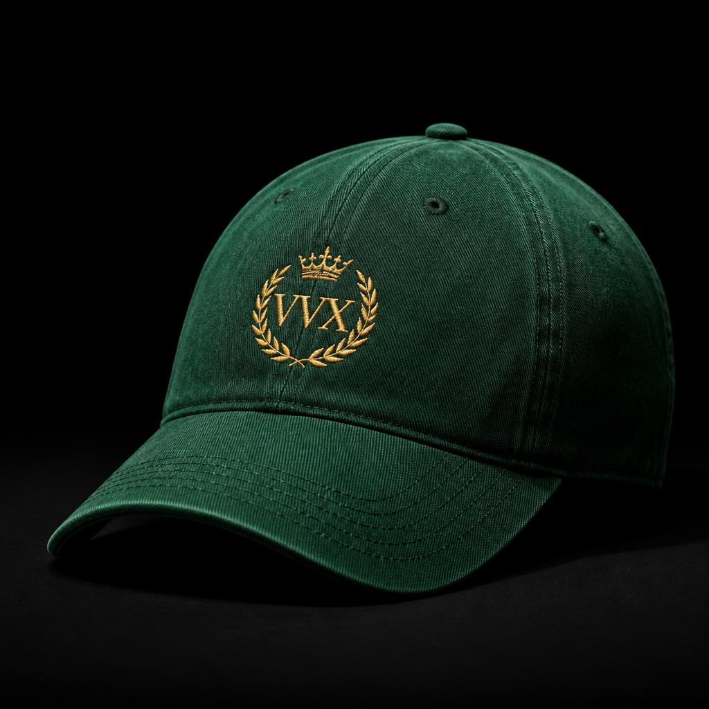 VVXHQ Forest Crest Baseball Cap in Forest Reign, Gold crowned laurel crest