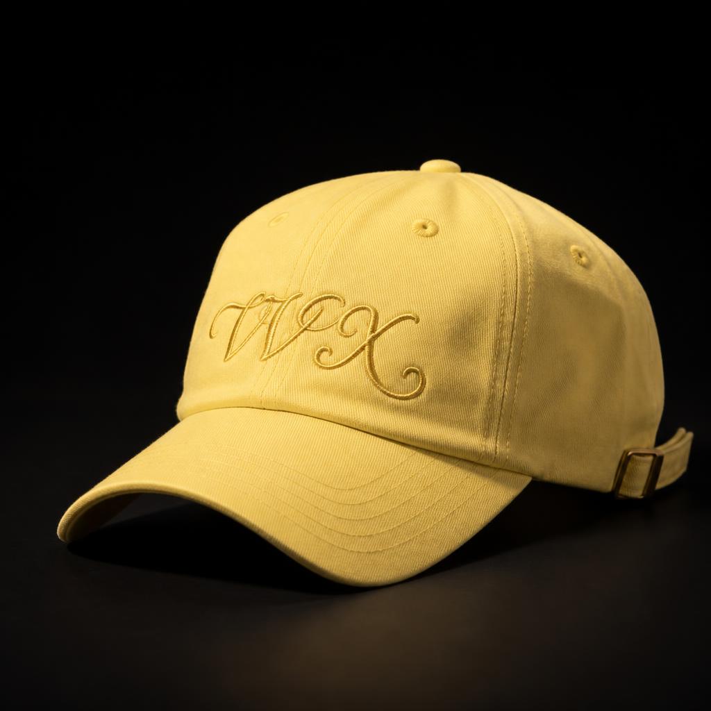 VVXHQ Lemon Script Baseball Cap in Lemon Zest, Tonal gold VVX script