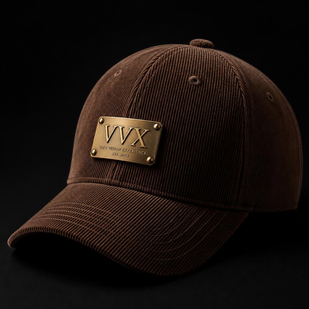 VVXHQ Mocha Corduroy Baseball Cap in Mocha Noir, Brushed gold VVX plate