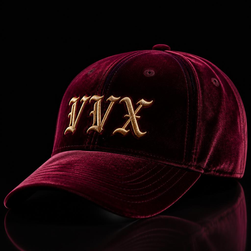 VVXHQ Wine Velvet Baseball Cap in Vintage Wine, Gothic gold VVX letters