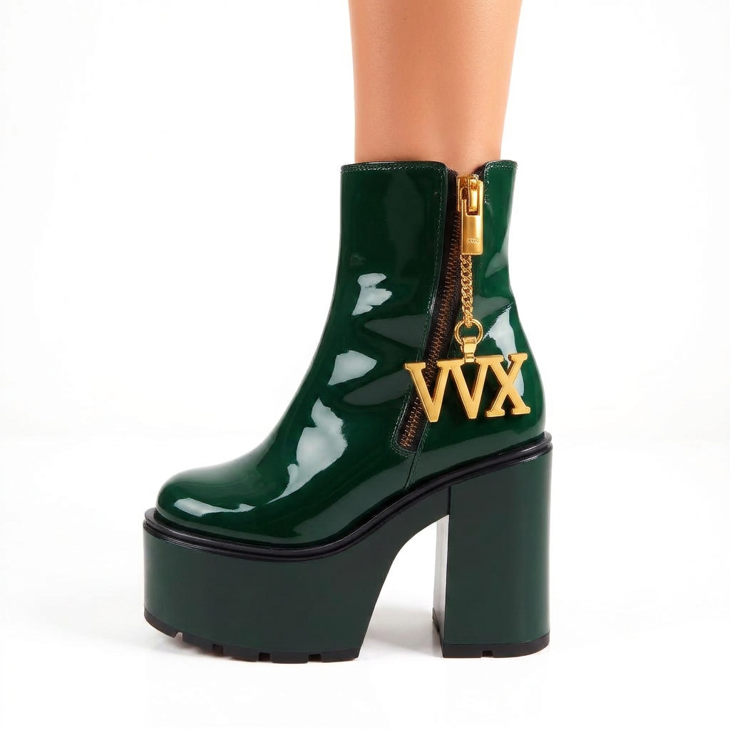 VVXHQ footwear Emerald Court Platform Boot in Emerald Court — High-shine patent ankle boot, view 2 of 3