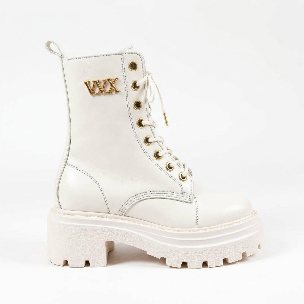 VVXHQ footwear Optic Combat Boot in Optic Ivory — Ivory leather on a lug platform, view 2 of 3