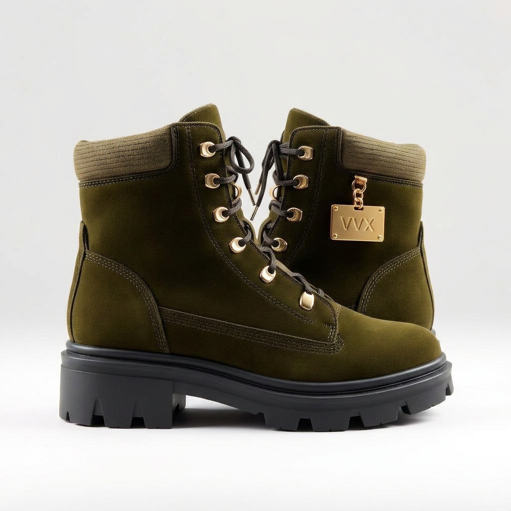 VVXHQ footwear Olive Legion Hiker Boot in Olive Legion — Suede lace-up with gold hardware, view 2 of 3