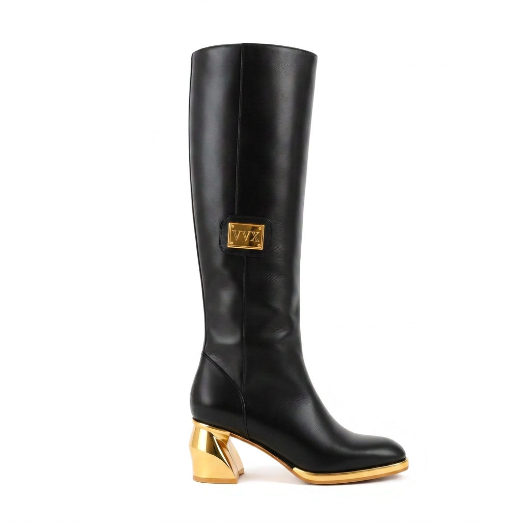 VVXHQ footwear Sovereign Knee-High Boot in Onyx Black, Onyx calf leather with sculpted gold heel