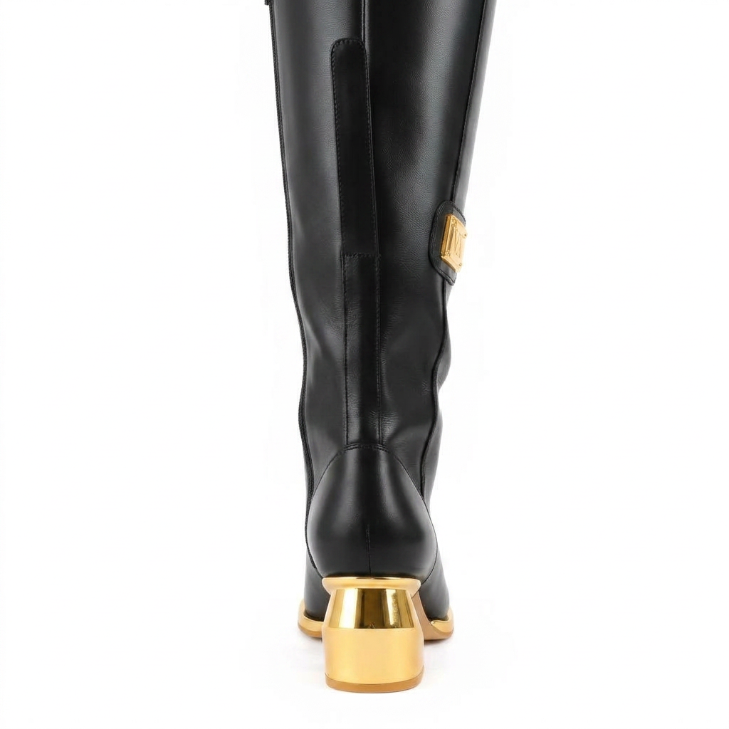 VVXHQ footwear Sovereign Knee-High Boot in Onyx Black — Onyx calf leather with sculpted gold heel, view 3 of 3