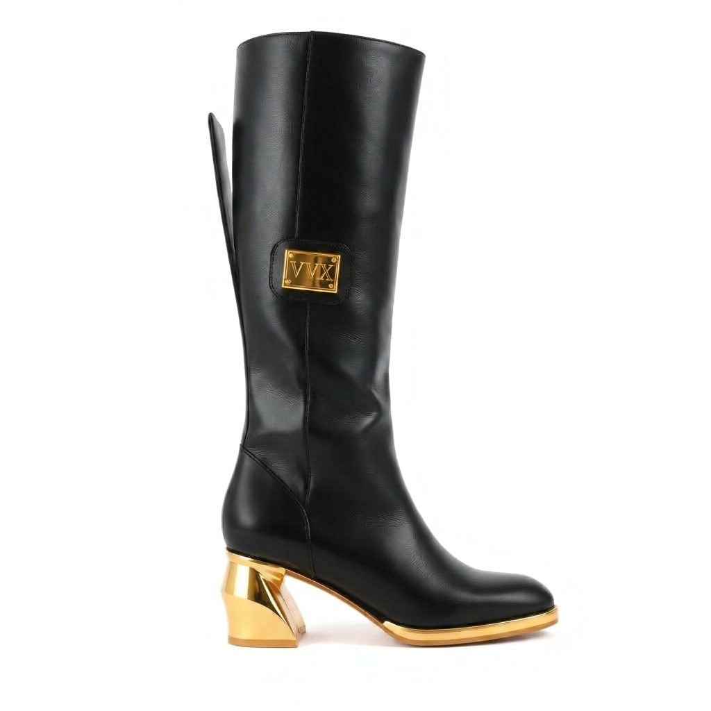 VVXHQ footwear Sovereign Knee-High Boot in Onyx Black — Onyx calf leather with sculpted gold heel, view 2 of 3