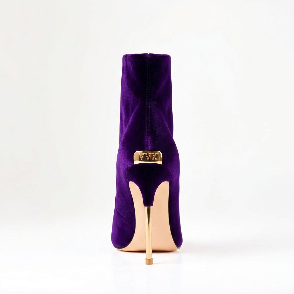 VVXHQ footwear Royal Plum Sock Boot in Royal Plum — Velvet stretch bootie, gold stiletto, view 3 of 3